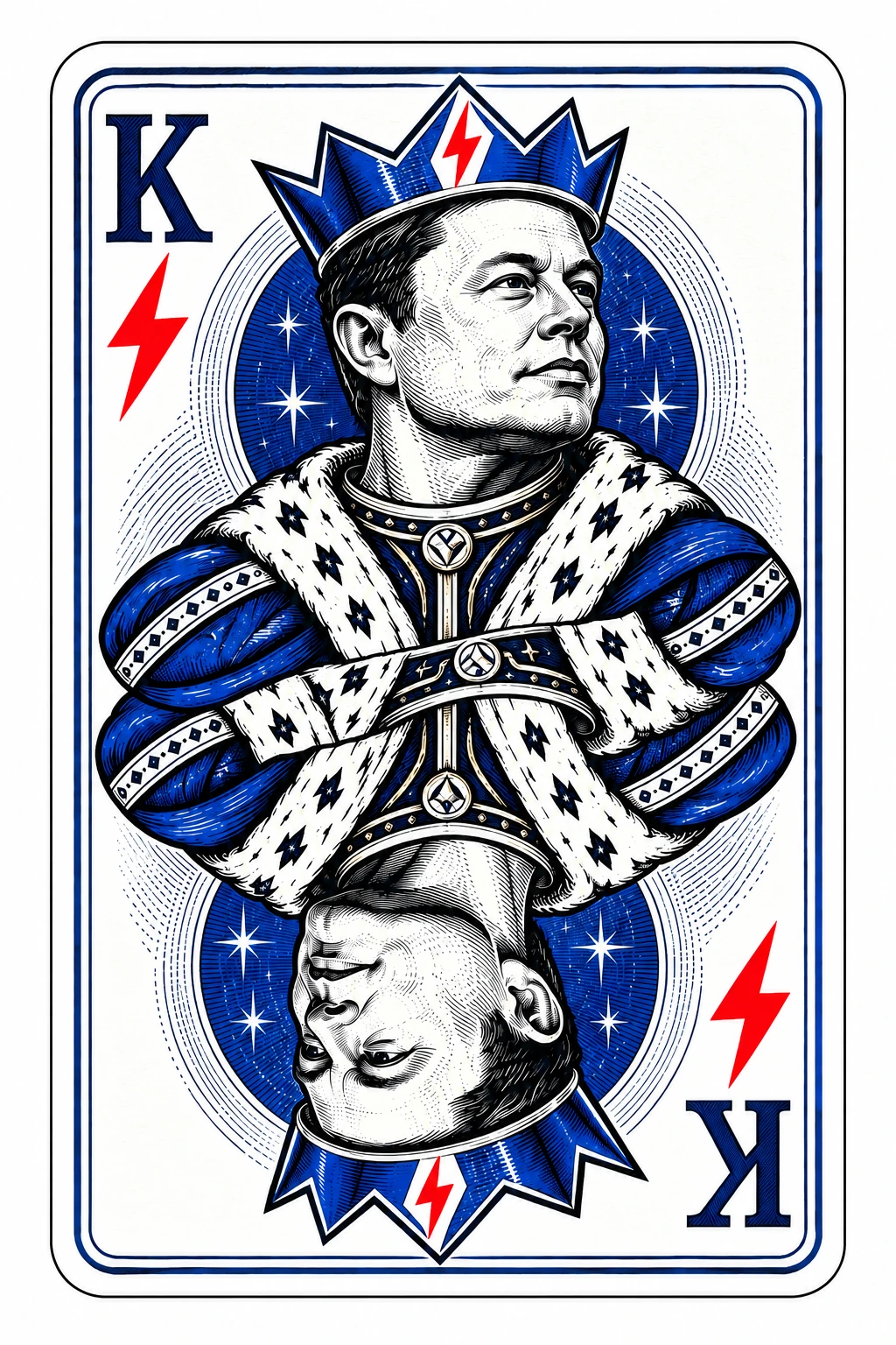 Elon as the king of lightning, engraved in cobalt on a collectible playing card